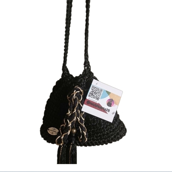 Hand Crafted Crochet Bucket Bag Tassel Beaded Drawstring Crossbody Purse Black - Picture 17 of 17